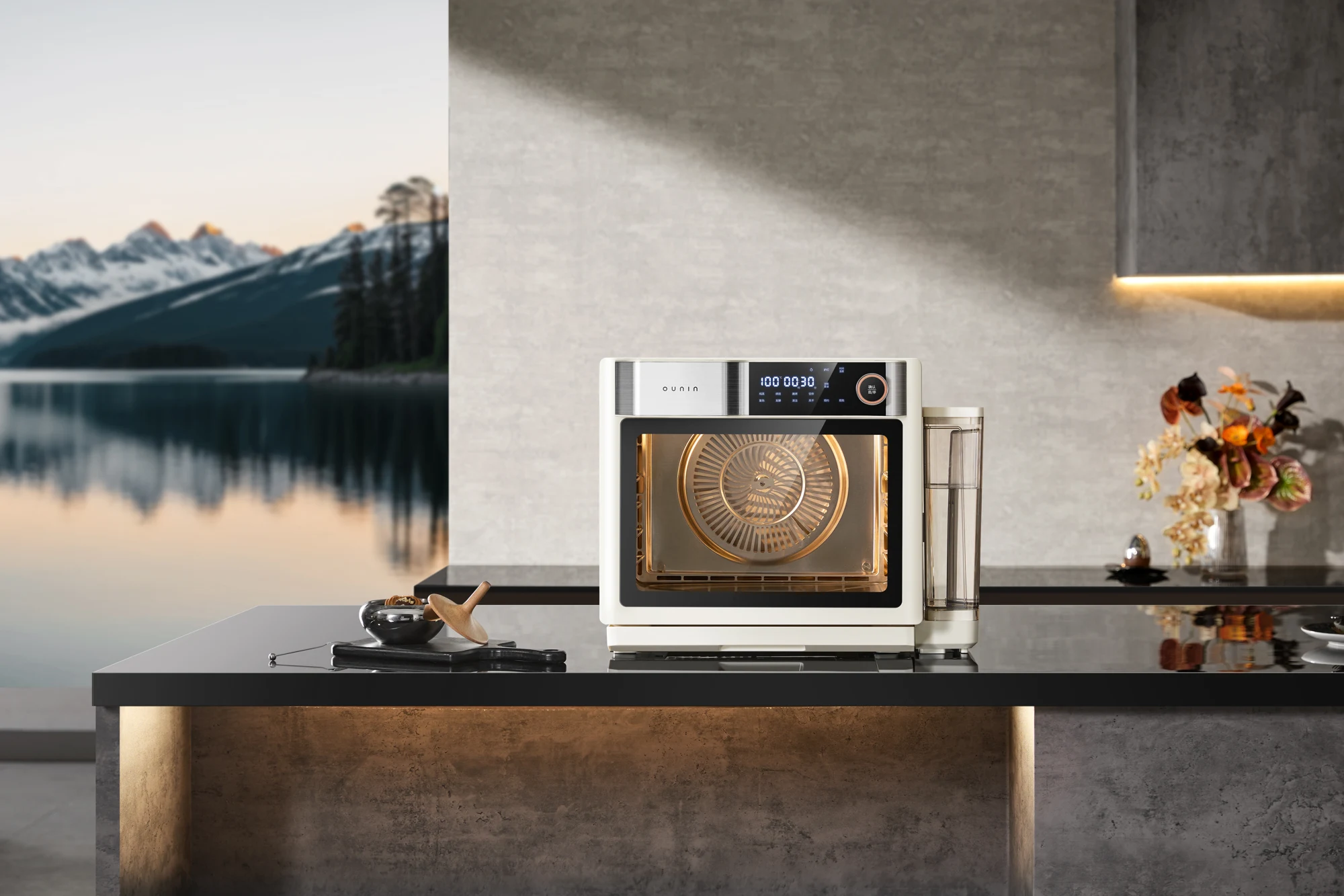 OUNIN R3 steam convection oven on a contemporary kitchen island